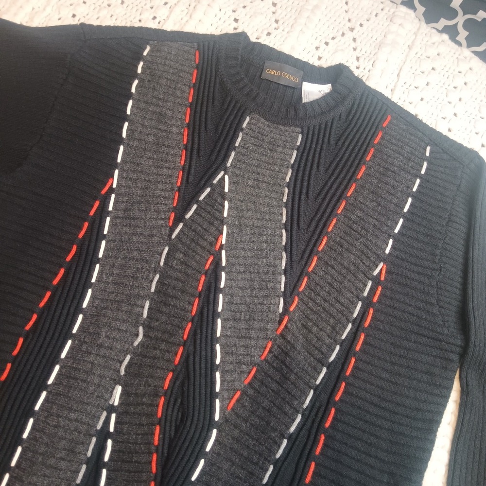 Vtg Carlo Colucci Mens 52 Geometric Merino Wool 3D Knit Sweater‎ Germany Heavy